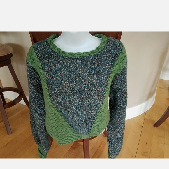 Vintage Hand Knit Sweater-Sage Green Two Tone-Sweater, Leggings & French Hat Set - Picture 4 of 14